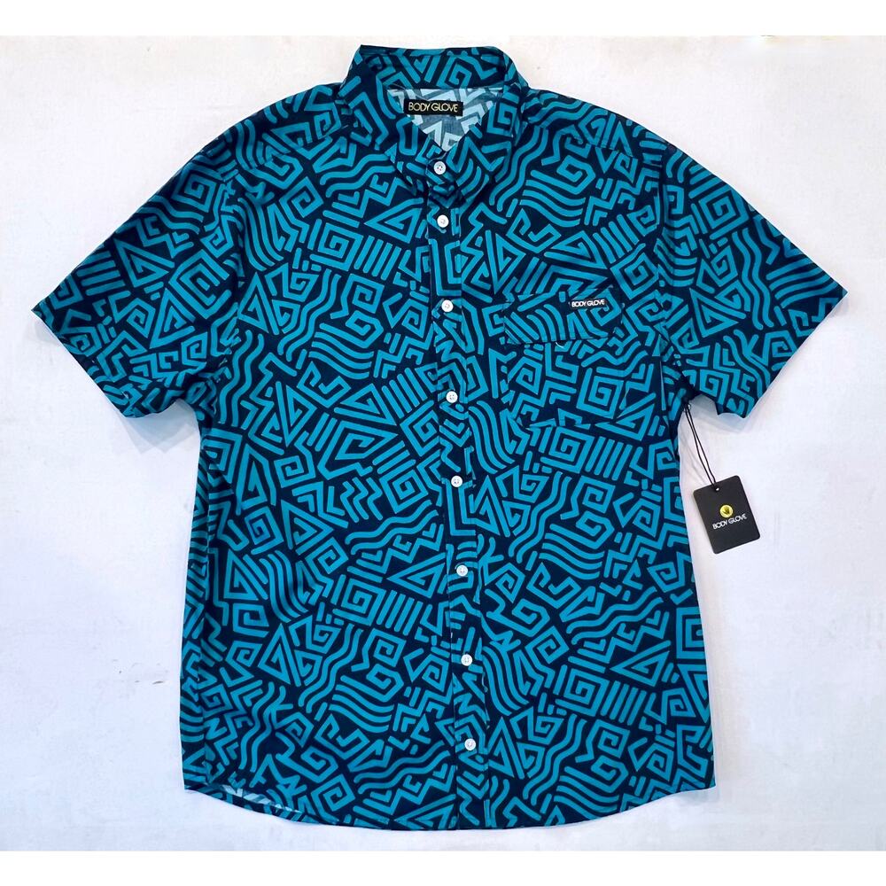 Men's Short Sleeve Button Up Shirt - Navy Geo Zig Zag - Size Med - NWT